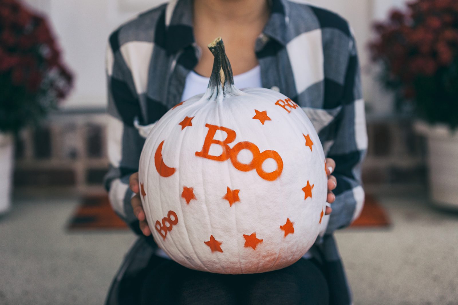 White Painted Pumpkin with Orange Boo Stencil Design