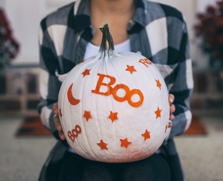 White Painted Pumpkin with Orange Boo Stencil Design