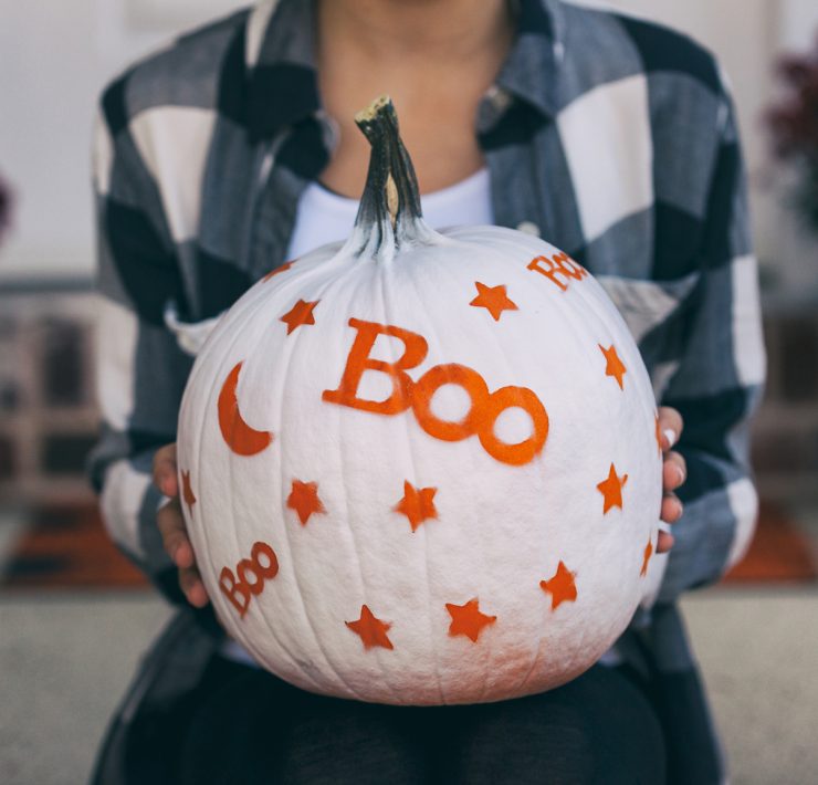 White Painted Pumpkin with Orange Boo Stencil Design