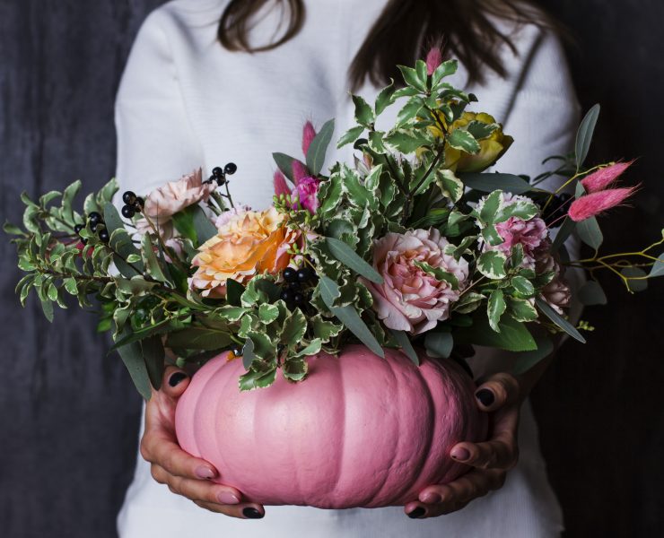 Floral Bouquet in Pink Painted Pumpkin